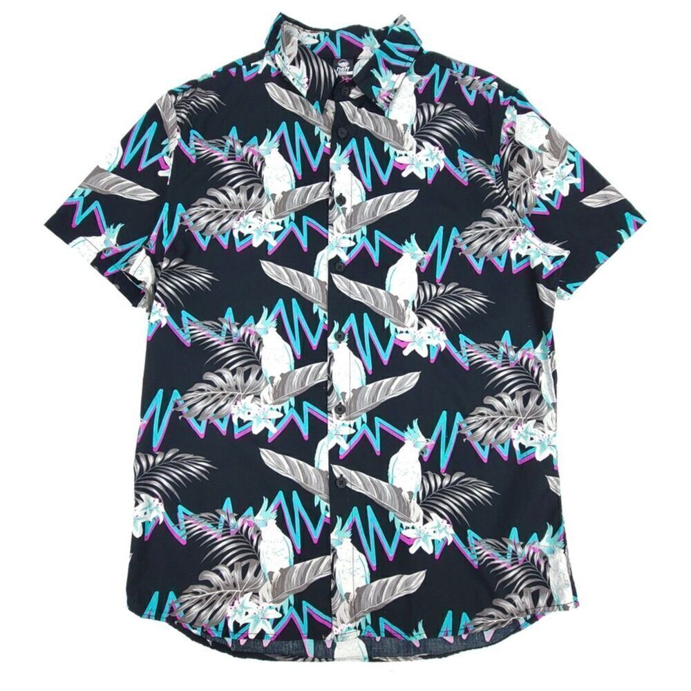 NEFF Neon Parrot Novelty Print Short Sleeve Button Down Shirt Black Mens Medium